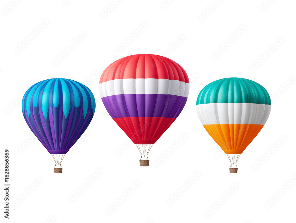 Fototapeta premium Colorful hot air balloons various designs float against transparent background, creating vibrant and cheerful atmosphere. These balloons symbolize adventure and freedom, perfect for any festive