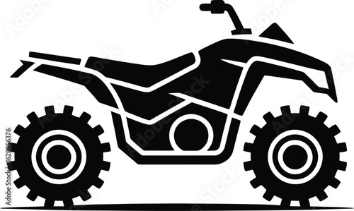 A black silhouette of a four wheel all terrain vehicle or atv on a white background showcasing its rugged design and powerful stance silhouette