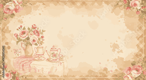 Elegant vintage tea time illustration with a rose bouquet and classic tea set on a shabby chic stained paper background.