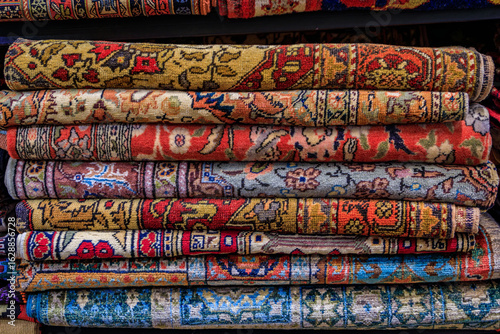 Photography Traditional Turkish rugs with intricate patterns, Grand Bazaar, Istanbul, Turkey