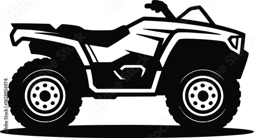 Black and white graphic illustration of an all terrain vehicle atv quad bike in silhouette