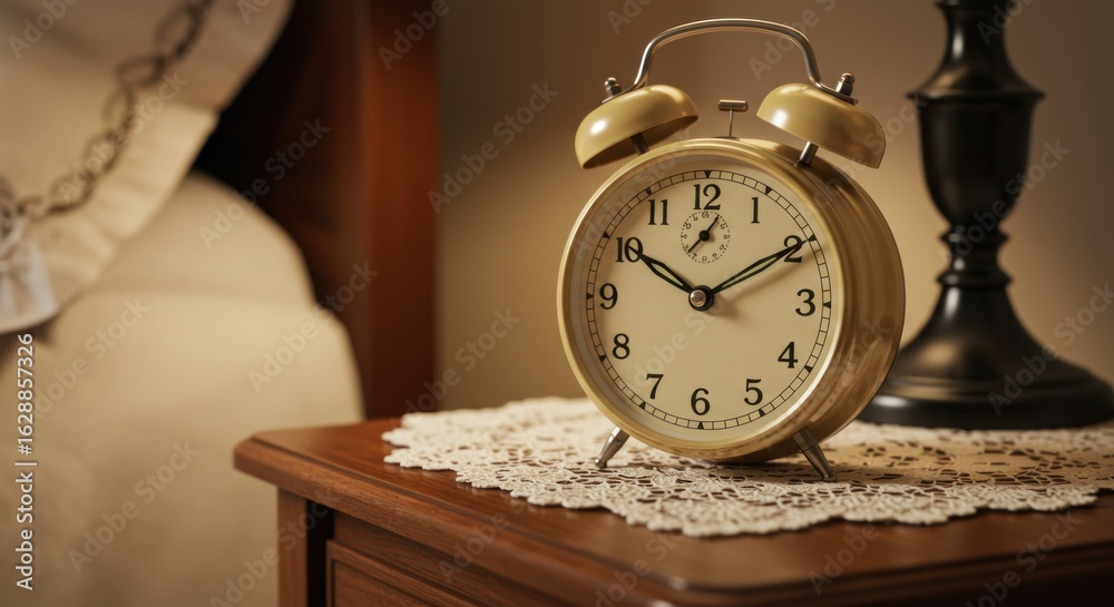 Naklejka premium Antique alarm clock on nightstand