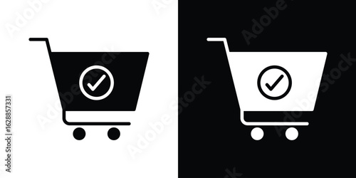 Shopping cart check icon flat simple. icon set in silhouette