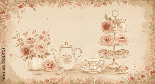 Elegant still life of a vintage tea party with pink roses and pastries. Watercolor style illustration on a sepia background with a floral frame.