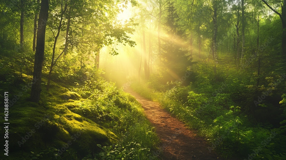 Obraz premium In the spring, the forest takes on a beautiful appearance as sunlight shines brightly through the trees
