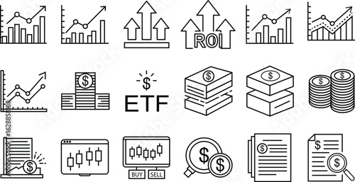 Collection of Investment and Financial Growth Icons Featuring Charts, ROI, and ETF Elements for Business Analytics
