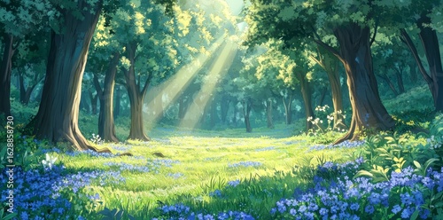woodland forest background banner with anime cartoon style, created using generated ai, generated, ai