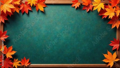 Back to school background with autumn yellow and orange maple leaves on green wooden blackboard