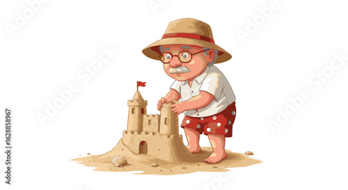 Elderly man with a mustache and hat building a detailed sandcastle on a summer beach. Vector illustration of a senior enjoying retirement.