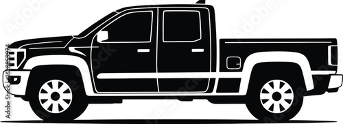 Side profile view of a modern four door pickup truck with a long bed in a bold black silhouette