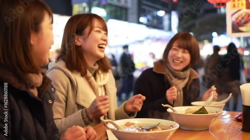 Three asian women laughing and eating ramen at an outdoor restaurant at night in japan