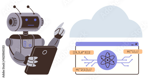 Robot holding tablet and stylus analyzes data interface under cloud. Ideal for AI, machine learning, cloud computing, data science, coding, future technology, simple flat metaphor