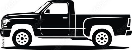 Classic american pickup truck with a short bed in a bold black silhouette against a white background silhouette