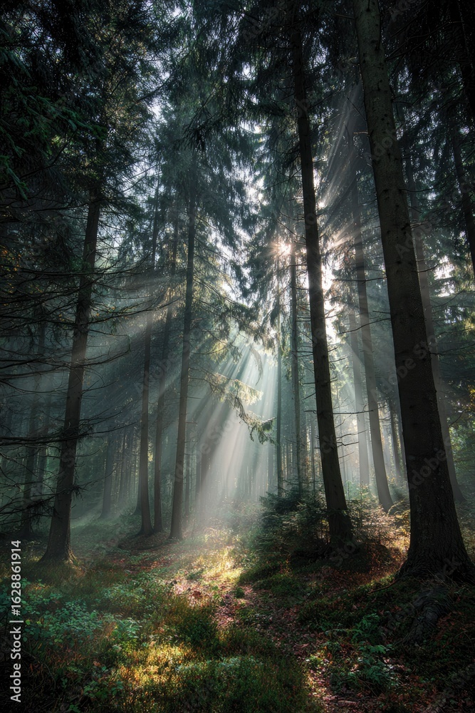 Fototapeta premium Beams of sunlight pierce through the dense, misty canopy of tall, dark green trees