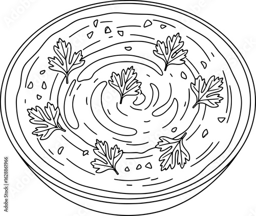Bowl of hummus with olive oil and parsley garnish with hand-drawn style