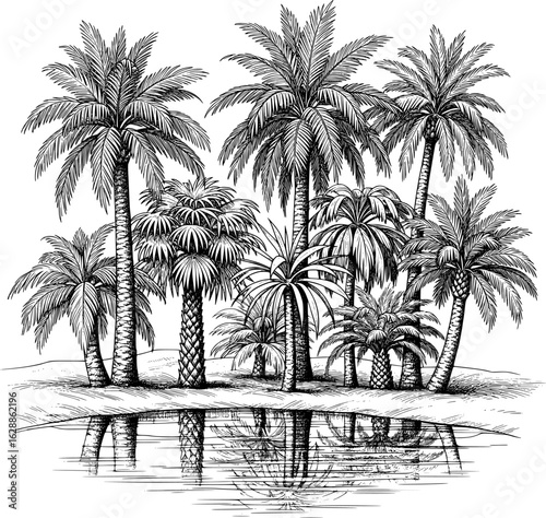 Palm tree oasis with realistic detailing of trees, leaves, and bark with hand-drawn style