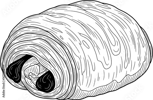 Pain au chocolat with visible folded pastry and chocolate filling ends with hand-drawn style