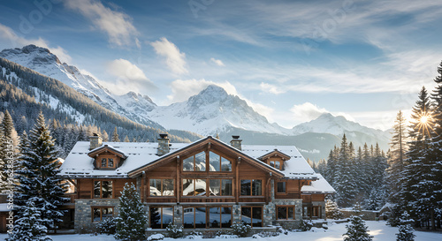 Winter chalet mountain home luxury house snow covered trees ski resort vacation rental mountain view alps