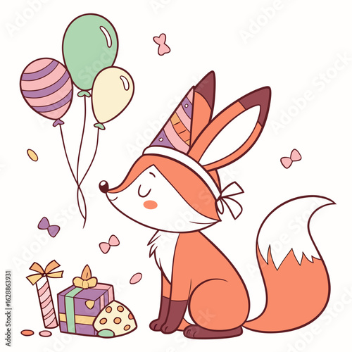 Bashful expression on a Foxe in a Birthday theme, with wearing bunny slippers – Candy Shop vector art