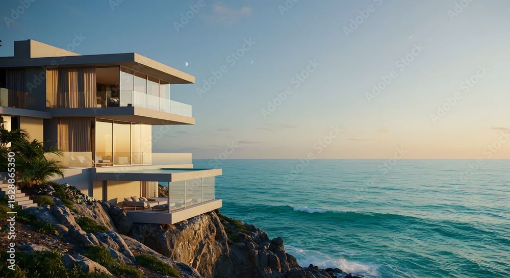 Fototapeta premium Modern ocean view villa architecture luxury coastal home design real estate property investment dream house