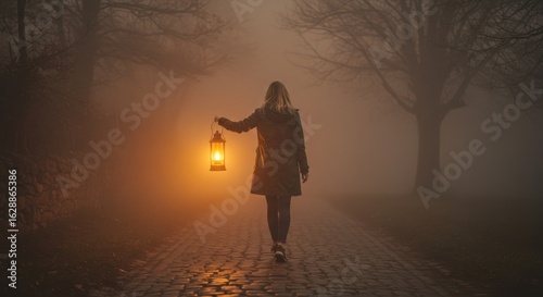Woman with lantern in foggy path