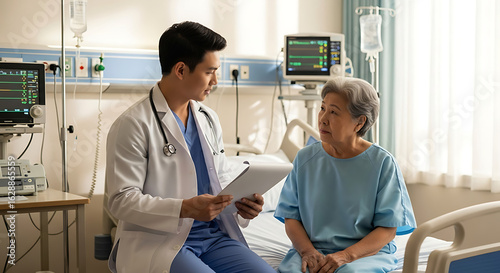 Doctor Consulting Senior Patient in Hospital Room, Healthcare Support