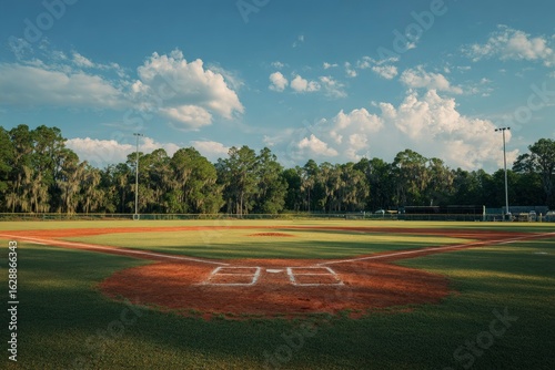 A baseball field with grass, dirt, and trees under a bright blue, partially cloudy sky