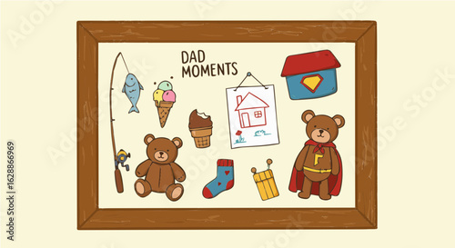 Father's day dad moments framed art print featuring fishing trip, ice cream, teddy bears, and child's drawing for father vector