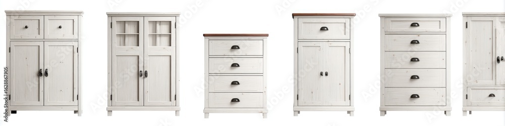 Fototapeta premium Set of various light-colored wooden cabinets and chests