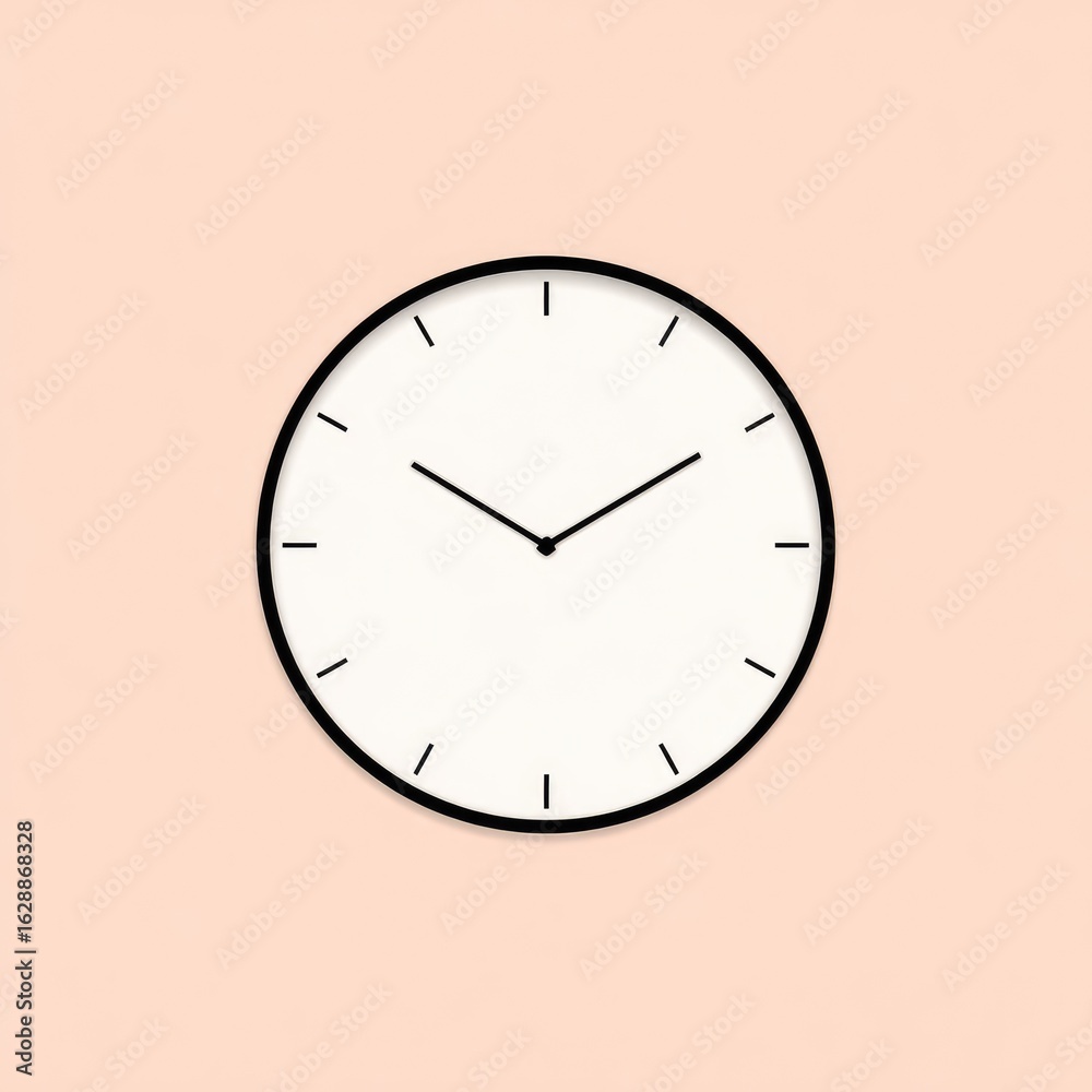 Simple round clock with black hands and numbers on a pale peach wall Simple round clock with black hands and numbers on a pale peach wall