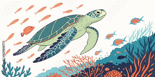 Illustration of a sea turtle swimming near coral reefs surrounded by small fish in the ocean water created with generated ai