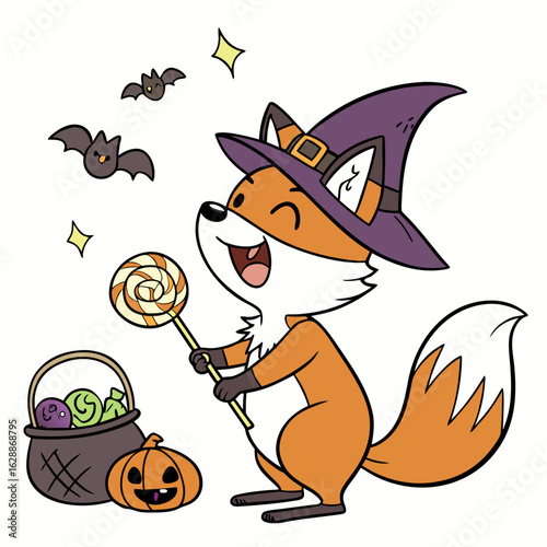 Cute Joyful Foxe, accessorized with holding a lollipop, in a Halloween world – Spooky Fun palette vector