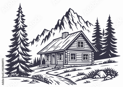 Illustration of a log cabin with a chimney, mountains in the background and tall pine trees around it created with generated ai