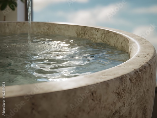 Stone bathtub with natural texture and flowing water creating soft ripples and reflections in a quiet relaxing space