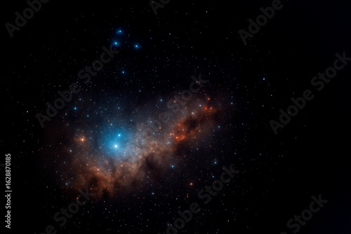 High-resolution image of the cosmos featuring a glowing blue star, dense star fields, and a vivid band of interstellar dust crossing the deep space background.