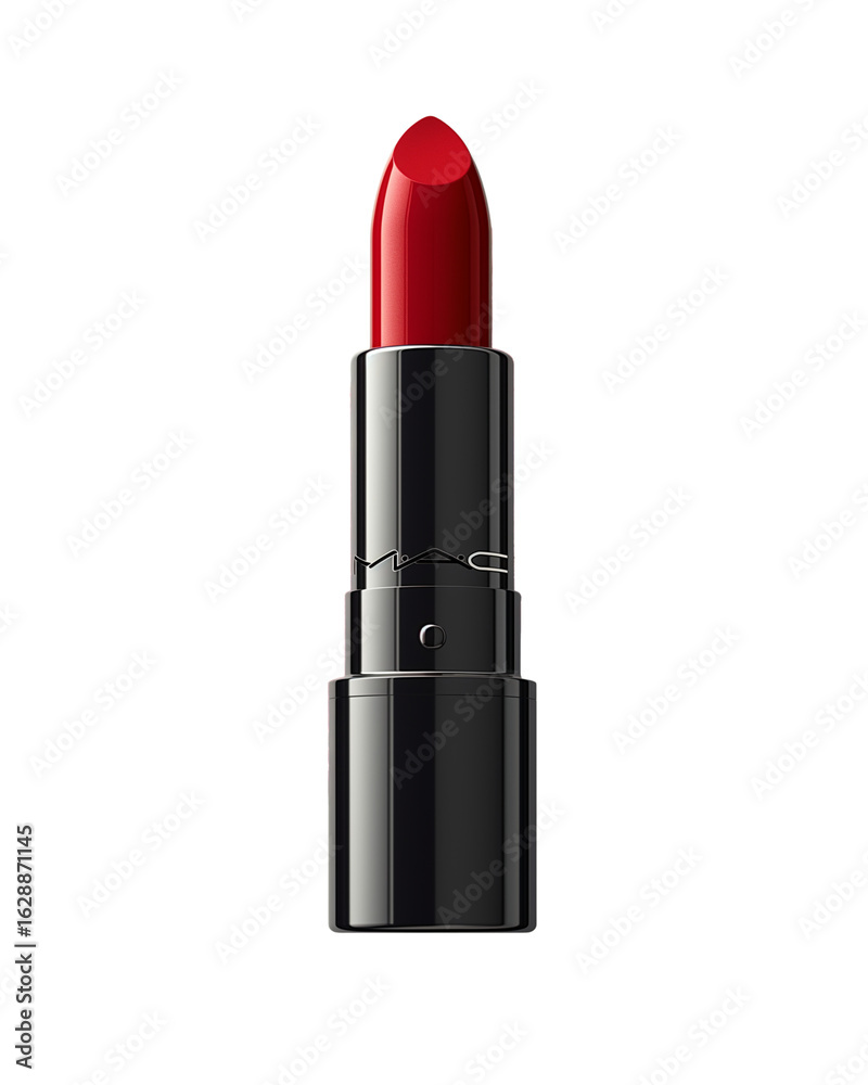 Obraz premium Classic red lipstick in sleek black tube. High-quality beauty product shot for cosmetics branding, advertising, and makeup promotions. Isolated on transparent background, png.