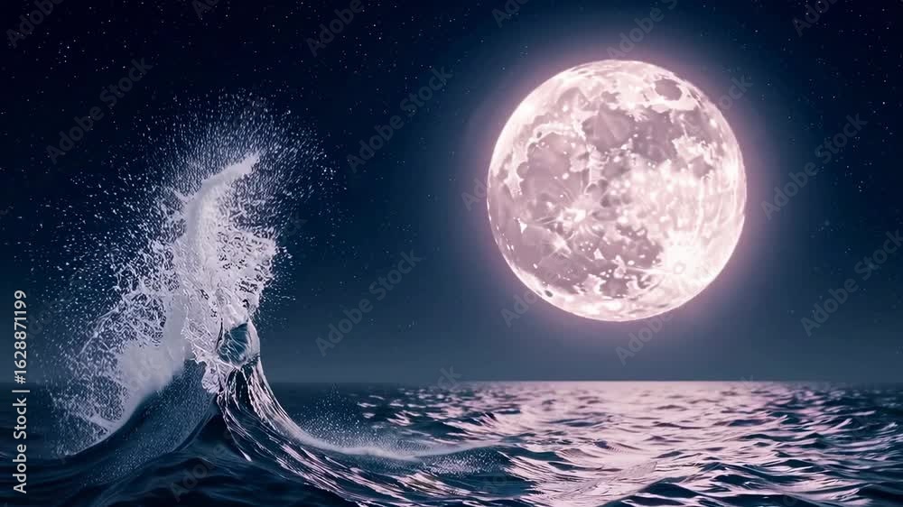 Ocean waves splashing under a bright full moon in a dark starry night sky landscape view