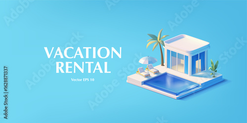Modern white 3D house with swimming pool, palm tree, sunbeds, and umbrella. Blue banner for rental and real estate booking concepts for vacation, travel. Vector illustration.