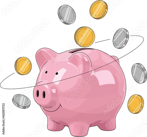 A pink piggy bank with gold and silver coins rotating around it on a white background illustration