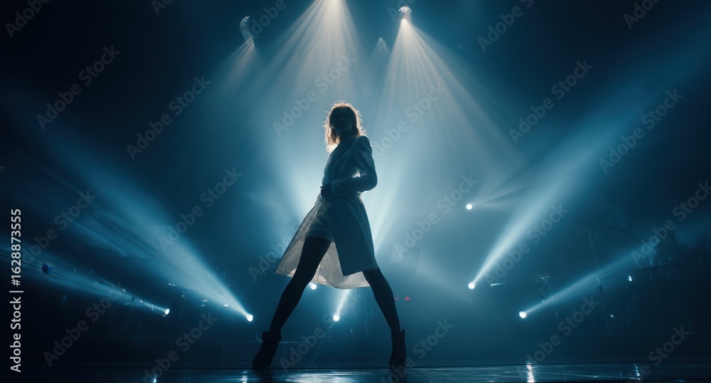 a blonde woman in a white coat and black tights dancing on stage, with spotlights shining down on her from the sides, against a backdrop of dark blue lighting and a concert hall Generative AI a blonde woman in a white coat and black tights dancing on stage, with spotlights shining down on her from the sides, against a backdrop of dark blue lighting and a concert hall Generative AI