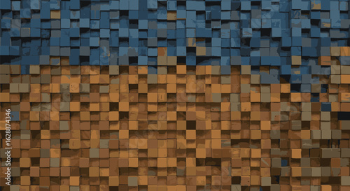 Abstract background of a 3D mosaic wall with blue and yellow pixelated cubes. Modern geometric pattern concept.