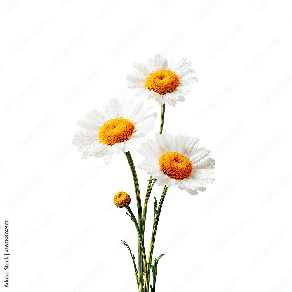 Fototapeta premium Three white daisies with yellow centers on stems