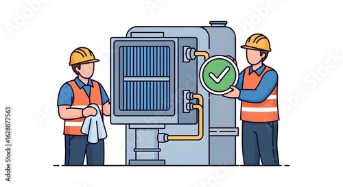 Industrial Machine Maintenance and Service by Professional Technicians. Two Workers in Hard Hats and Safety Vests Inspecting and Repairing Equipmen...
