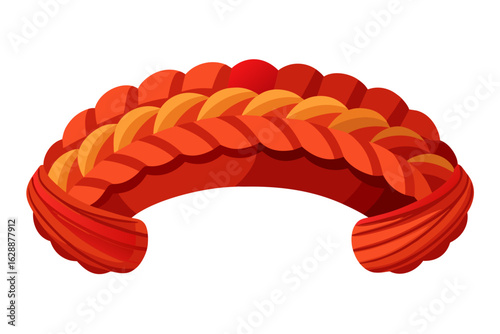 Knitted headband in orange and red colors with braided design  