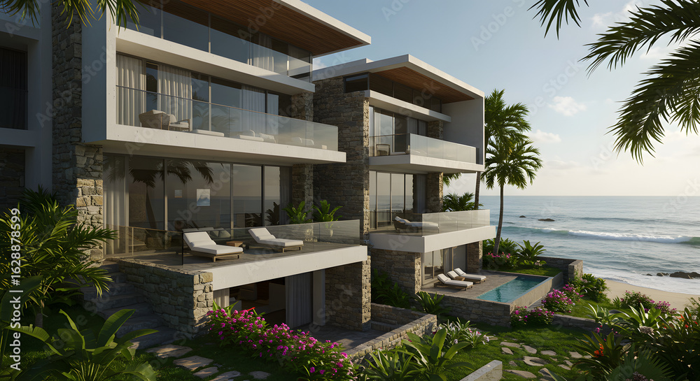 Fototapeta premium Beachfront villa luxury resort ocean view property tropical paradise architecture design real estate travel destination