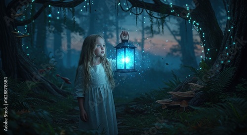 Girl with glowing lantern in enchanted forest