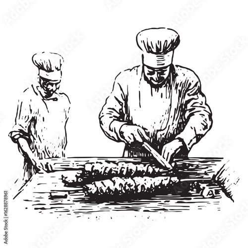 Vintage kebab chef slicing sketch, great for historical culinary art and traditional food prep designs