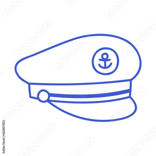 Captain hat with anchor emblem in blue line art style. Hand drawn marine icon. Outline vector isolated illustration. 