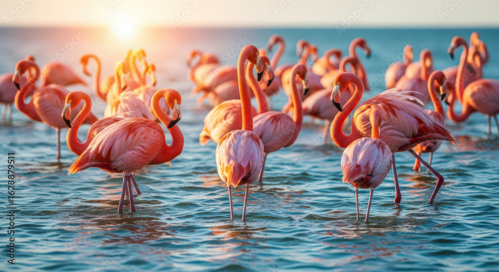 Obraz premium A Vibrant Flock of Flamingos Wades in Shallow Waters at Sunset, Their Pink Plumage Reflecting the Warm Light of the Setting Sun in a Serene Coastal Scene