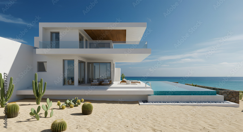 Fototapeta premium Modern luxury villa ocean view infinity pool architecture design beach house vacation home real estate dream house